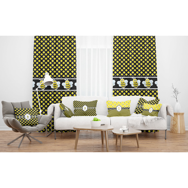 Bee & Polka Dots Sheer and Custom Curtains in Room with Matching Pillows