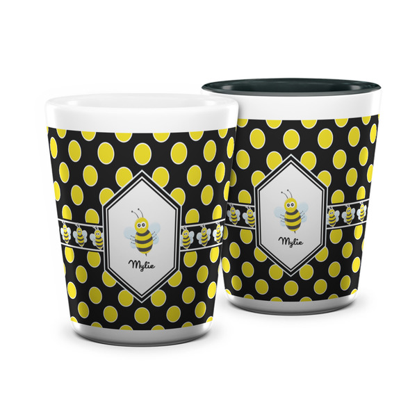 Custom Bee & Polka Dots Ceramic Shot Glass - 1.5 oz (Personalized)