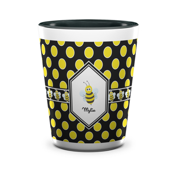 Custom Bee & Polka Dots Ceramic Shot Glass - 1.5 oz - Two Tone - Single (Personalized)