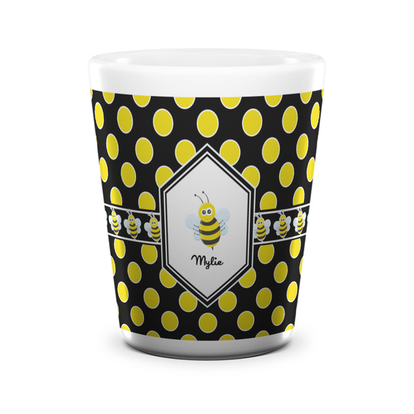 Custom Bee & Polka Dots Ceramic Shot Glass - 1.5 oz - White - Set of 4 (Personalized)