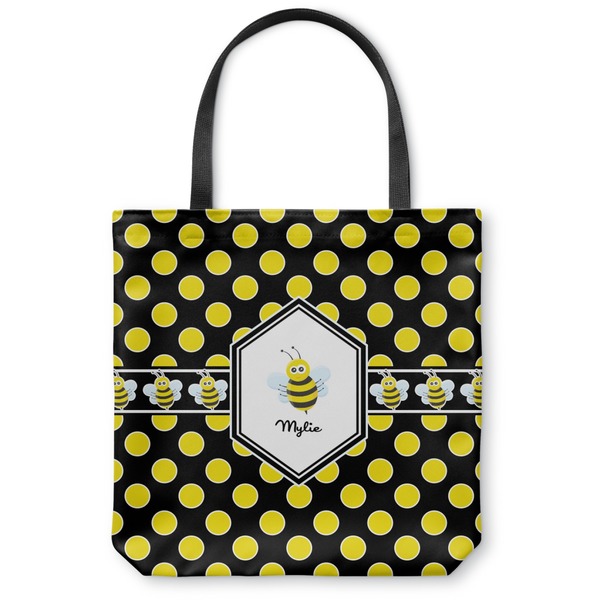 Custom Bee & Polka Dots Canvas Tote Bag - Large - 18"x18" (Personalized)
