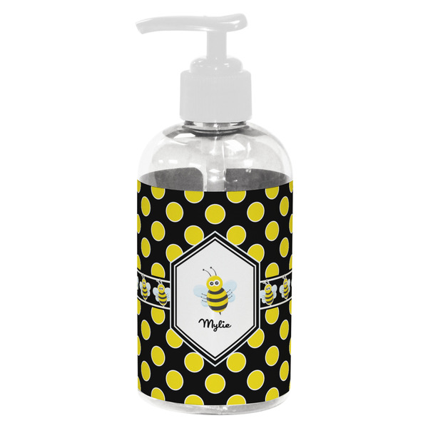 Custom Bee & Polka Dots Plastic Soap / Lotion Dispenser (8 oz - Small - White) (Personalized)