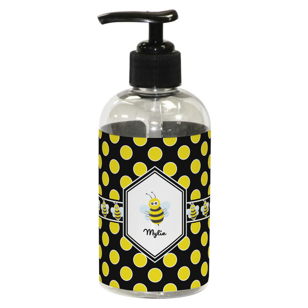 Custom Bee & Polka Dots Plastic Soap / Lotion Dispenser (8 oz - Small - Black) (Personalized)