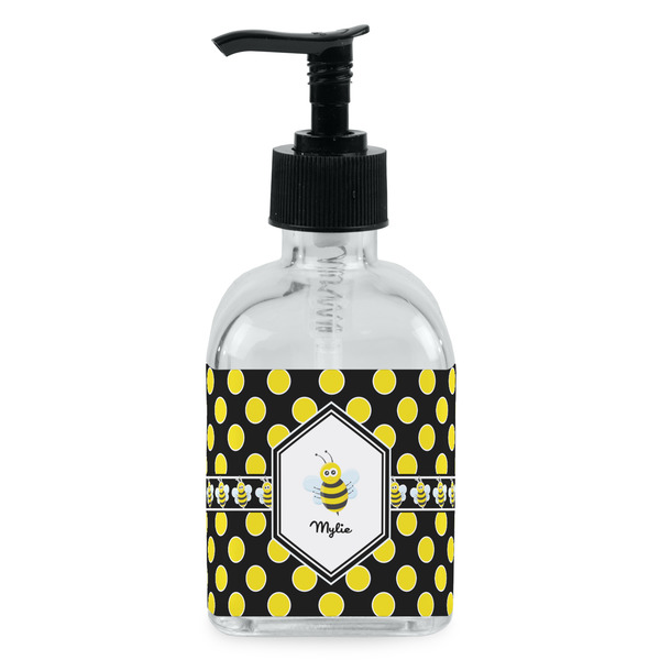 Custom Bee & Polka Dots Glass Soap & Lotion Bottle - Single Bottle (Personalized)