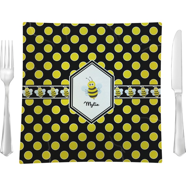 Custom Bee & Polka Dots 9.5" Glass Square Lunch / Dinner Plate- Single or Set of 4 (Personalized)