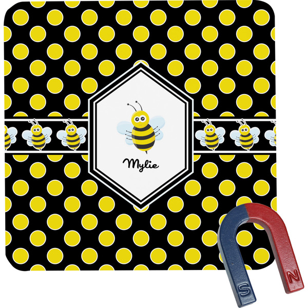 Custom Bee & Polka Dots Square Fridge Magnet (Personalized)