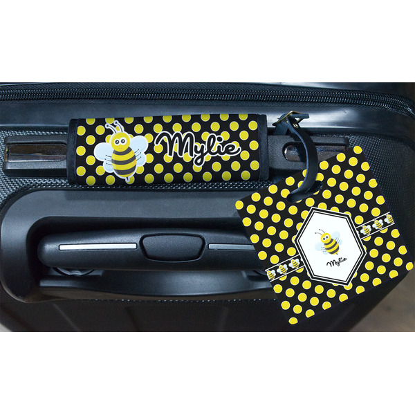 Bee & Polka Dots Square Luggage Tag & Handle Wrap - In Context