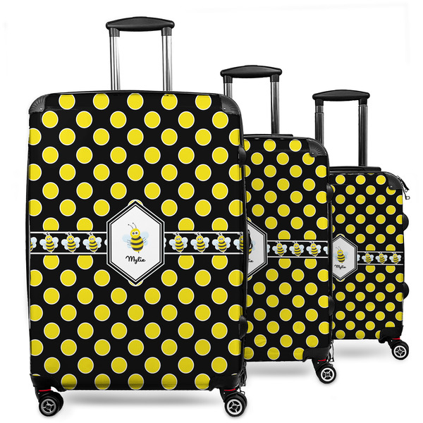 Custom Bee & Polka Dots 3 Piece Luggage Set - 20" Carry On, 24" Medium Checked, 28" Large Checked (Personalized)
