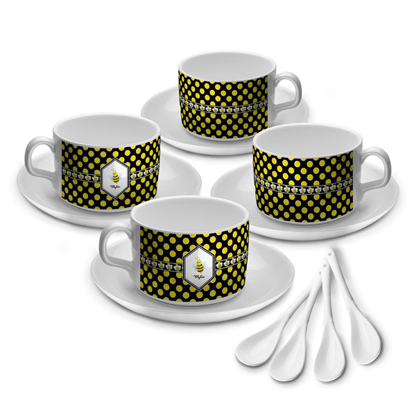 Custom Bee & Polka Dots Tea Cup - Set of 4 (Personalized)