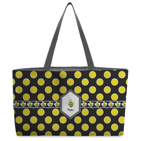 Custom Bee & Polka Dots Beach Totes Bag - w/ Black Handles (Personalized)