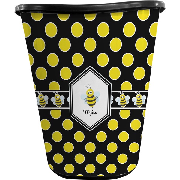 Custom Bee & Polka Dots Waste Basket - Double Sided (Black) (Personalized)