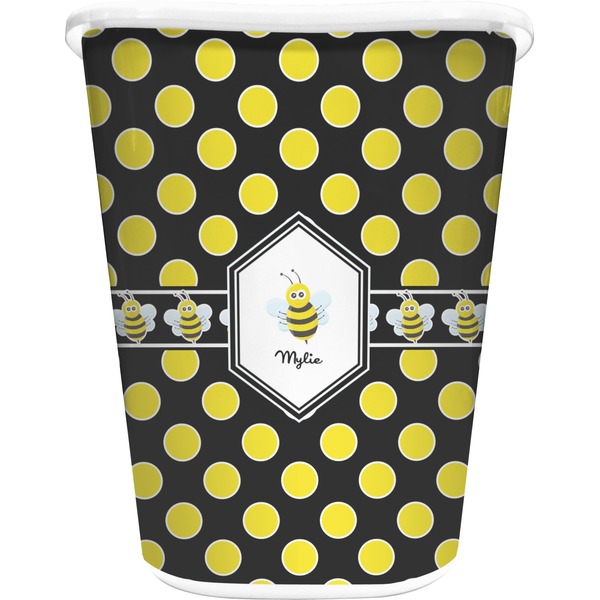 Custom Bee & Polka Dots Waste Basket - Single Sided (White) (Personalized)