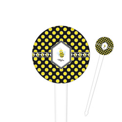Bee & Polka Dots 4" Round Plastic Food Picks - White - Single Sided (Personalized)