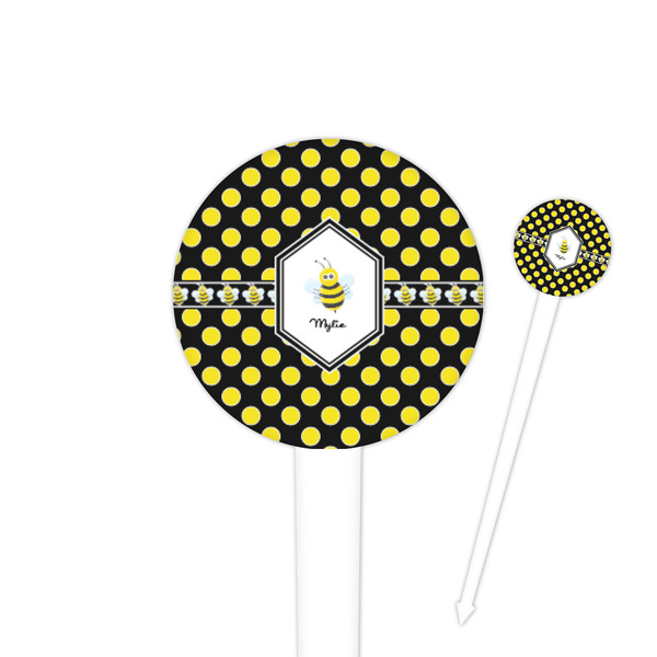Custom Bee & Polka Dots 4" Round Plastic Food Picks - White - Single Sided (Personalized)