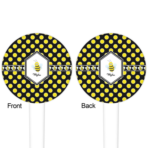 Bee & Polka Dots White Plastic 4" Food Pick - Round - Double Sided - Front & Back