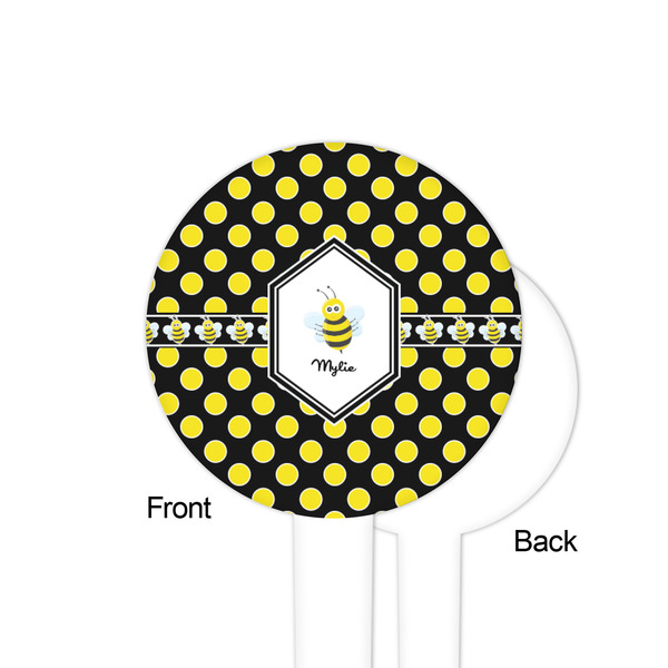 Bee & Polka Dots White Plastic 4" Food Pick - Round - Single Sided - Front & Back
