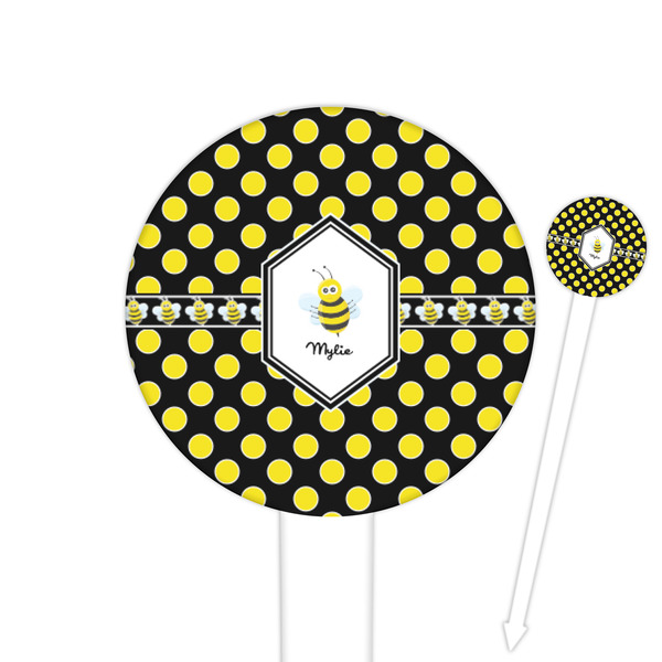 Custom Bee & Polka Dots Cocktail Picks - Round Plastic (Personalized)