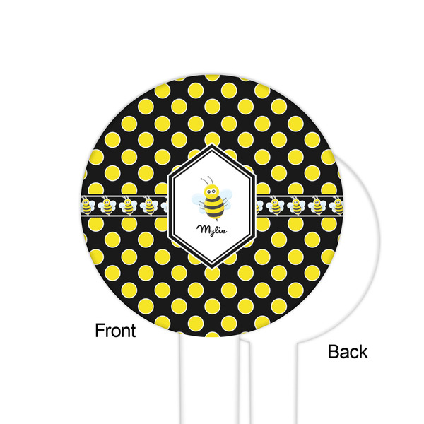 Bee & Polka Dots White Plastic 6" Food Pick - Round - Single Sided - Front & Back
