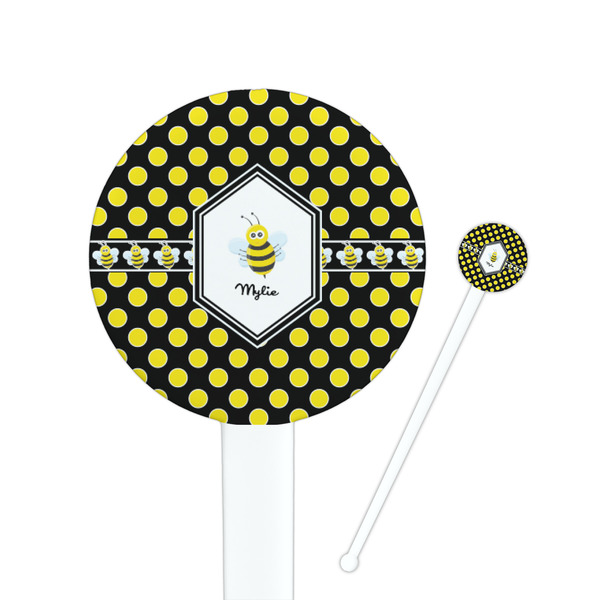 Custom Bee & Polka Dots 7" Round Plastic Stir Sticks - White - Single Sided (Personalized)