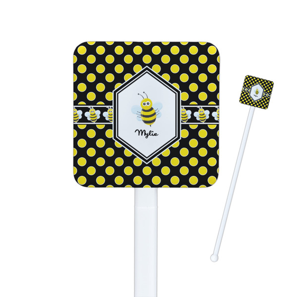 Custom Bee & Polka Dots Square Plastic Stir Sticks - Single Sided (Personalized)