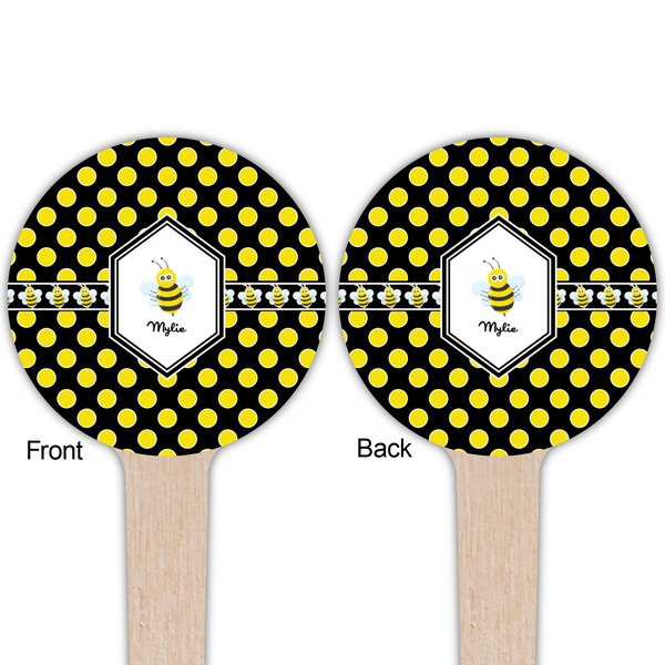Bee & Polka Dots Wooden 4" Food Pick - Round - Double Sided - Front & Back