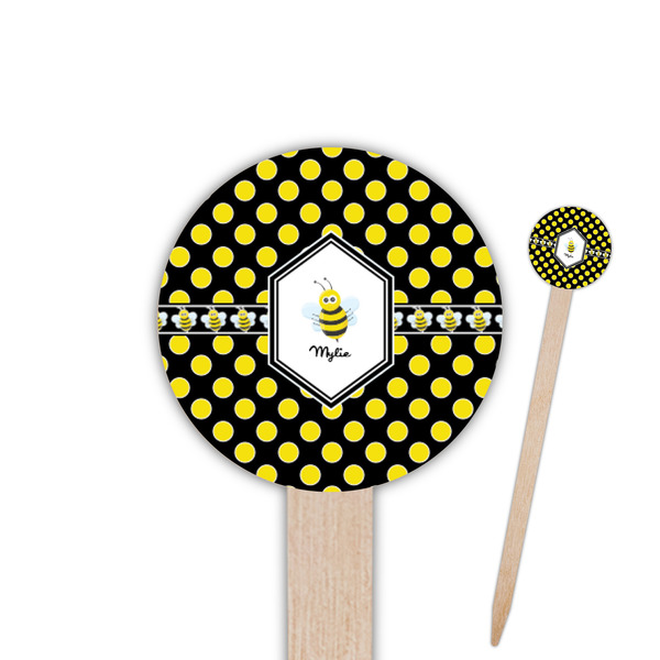 Custom Bee & Polka Dots Round Wooden Food Picks (Personalized)
