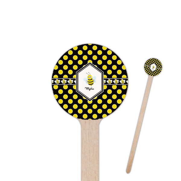 Custom Bee & Polka Dots 6" Round Wooden Stir Sticks - Single Sided (Personalized)