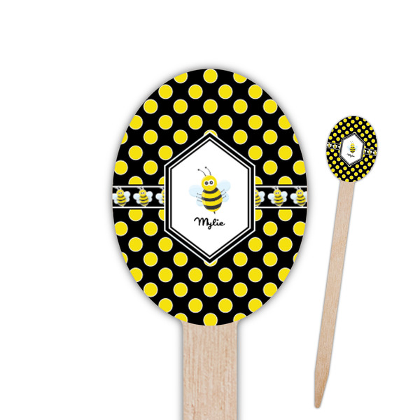 Custom Bee & Polka Dots Oval Wooden Food Picks - Double Sided (Personalized)