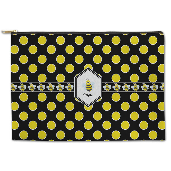 Custom Bee & Polka Dots Zipper Pouch - Large - 12.5"x8.5" (Personalized)