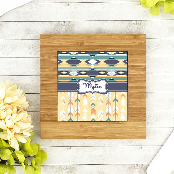 Tribal2 Bamboo Trivet with 6" Tile - LIFESTYLE