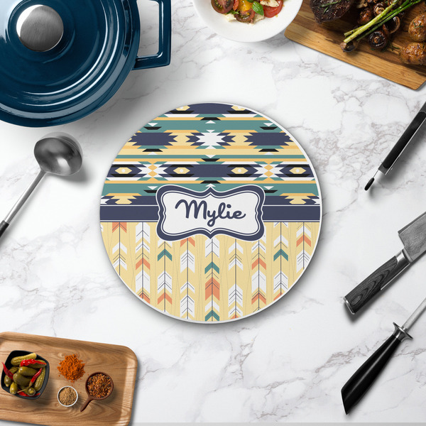 Tribal2 Round Stone Trivet - In Context View