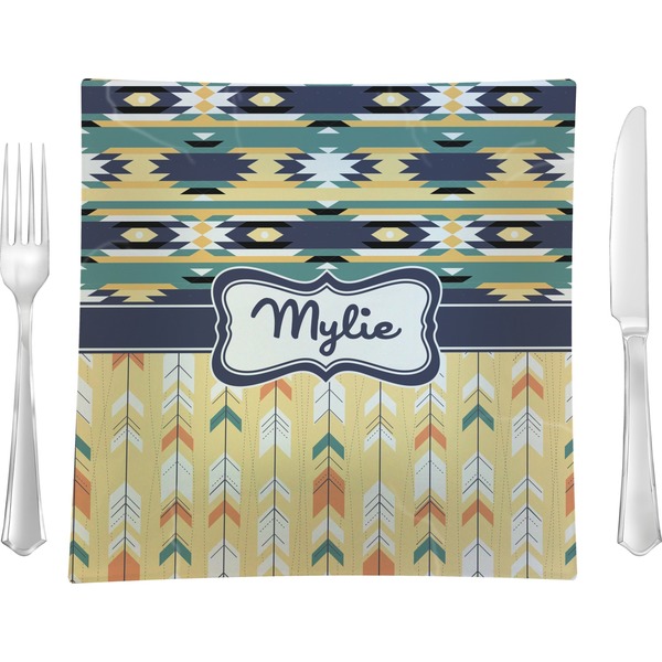Custom Tribal2 9.5" Glass Square Lunch / Dinner Plate- Single or Set of 4 (Personalized)