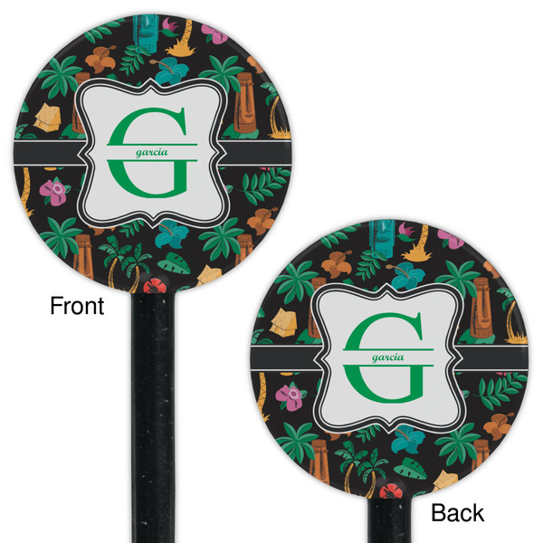 Hawaiian Masks Black Plastic 5.5" Stir Stick - Double Sided - Round - Front & Back