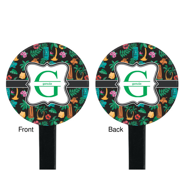Hawaiian Masks Black Plastic 7" Stir Stick - Double Sided - Round - Front & Back