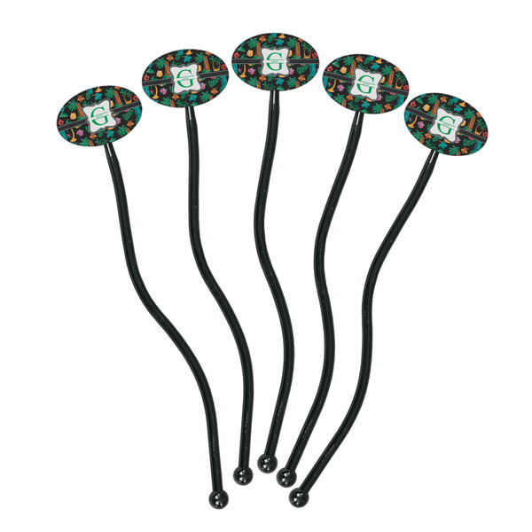 Hawaiian Masks Black Plastic 7" Stir Stick - Oval - Fan