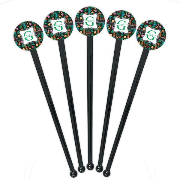 Hawaiian Masks Black Plastic 7" Stir Stick - Round - Fan View