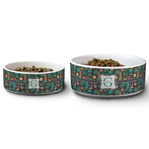Hawaiian Masks Ceramic Dog Bowls - Size Comparison
