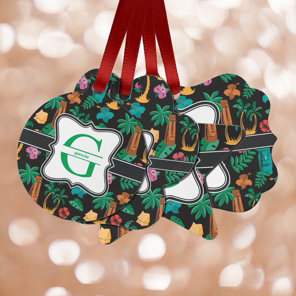 Custom Hawaiian Masks Metal Ornaments - Double Sided w/ Name and Initial