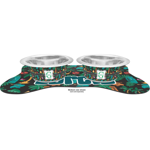 Hawaiian Masks Metal Pet Bowls - On Dog Bone Shaped Mat