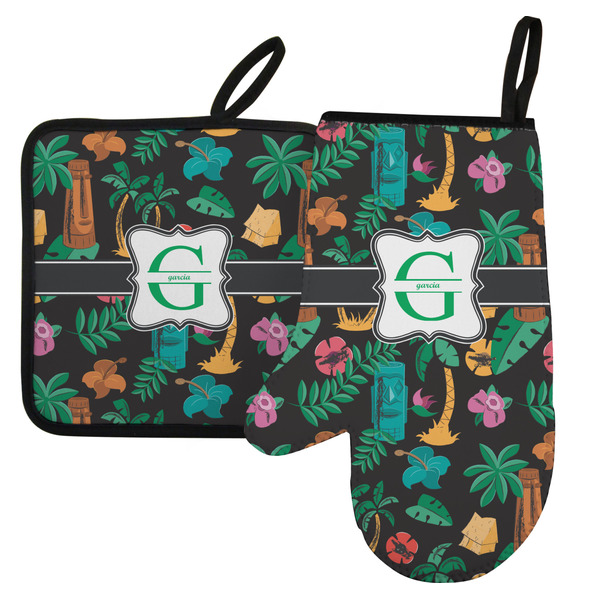 Custom Hawaiian Masks Left Oven Mitt & Pot Holder Set w/ Name and Initial