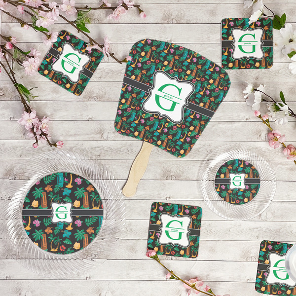 Hawaiian Masks Party Supplies Combination Image - All items - Plates, Coasters, Fans