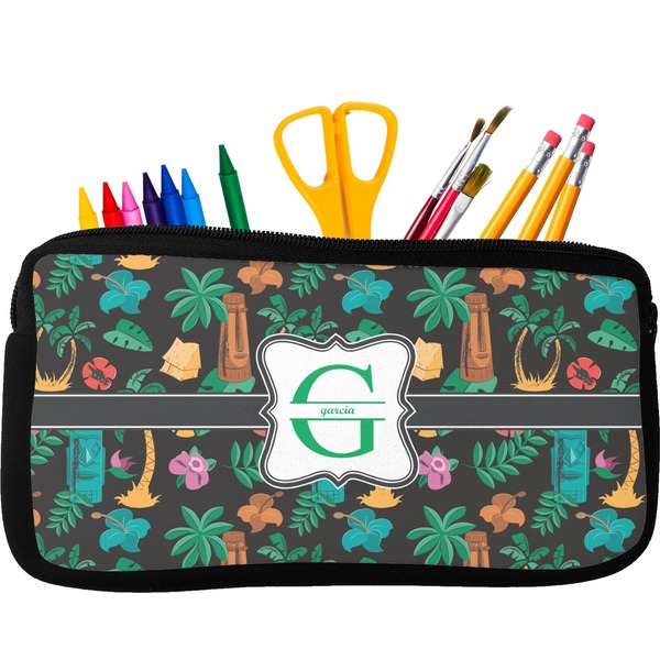 Custom Hawaiian Masks Neoprene Pencil Case - Small w/ Name and Initial