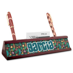 Hawaiian Masks Red Mahogany Nameplate with Business Card Holder (Personalized)