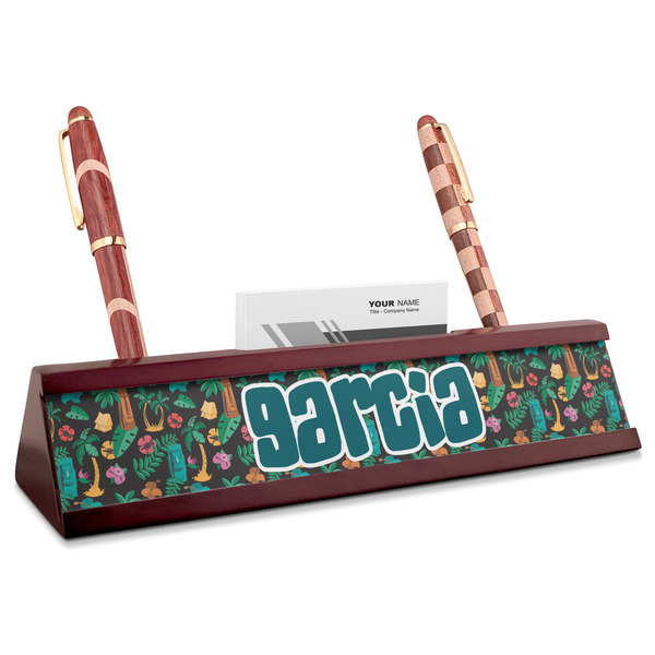 Custom Hawaiian Masks Red Mahogany Nameplate with Business Card Holder (Personalized)