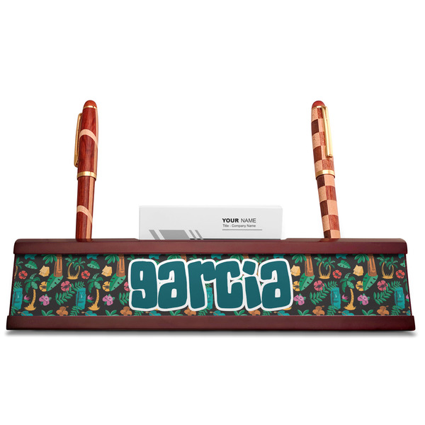 Hawaiian Masks Red Mahogany Nameplates with Business Card Holder - Straight