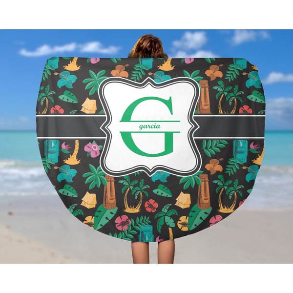 Hawaiian Masks Round Beach Towel - In Use