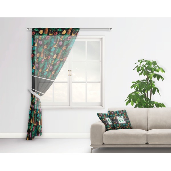 Hawaiian Masks Sheer Curtain With Window and Rod - in Room Matching Pillow
