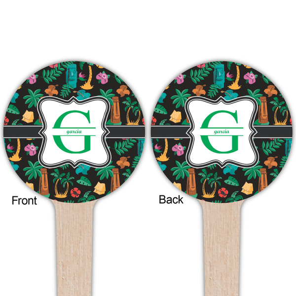 Hawaiian Masks Wooden 4" Food Pick - Round - Double Sided - Front & Back