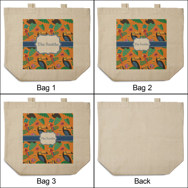 Toucans 3 Reusable Cotton Grocery Bags - Front & Back View