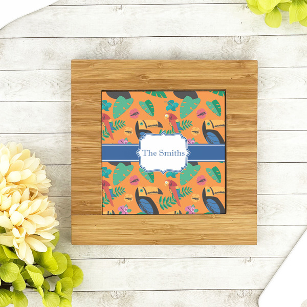 Toucans Bamboo Trivet with 6" Tile - LIFESTYLE